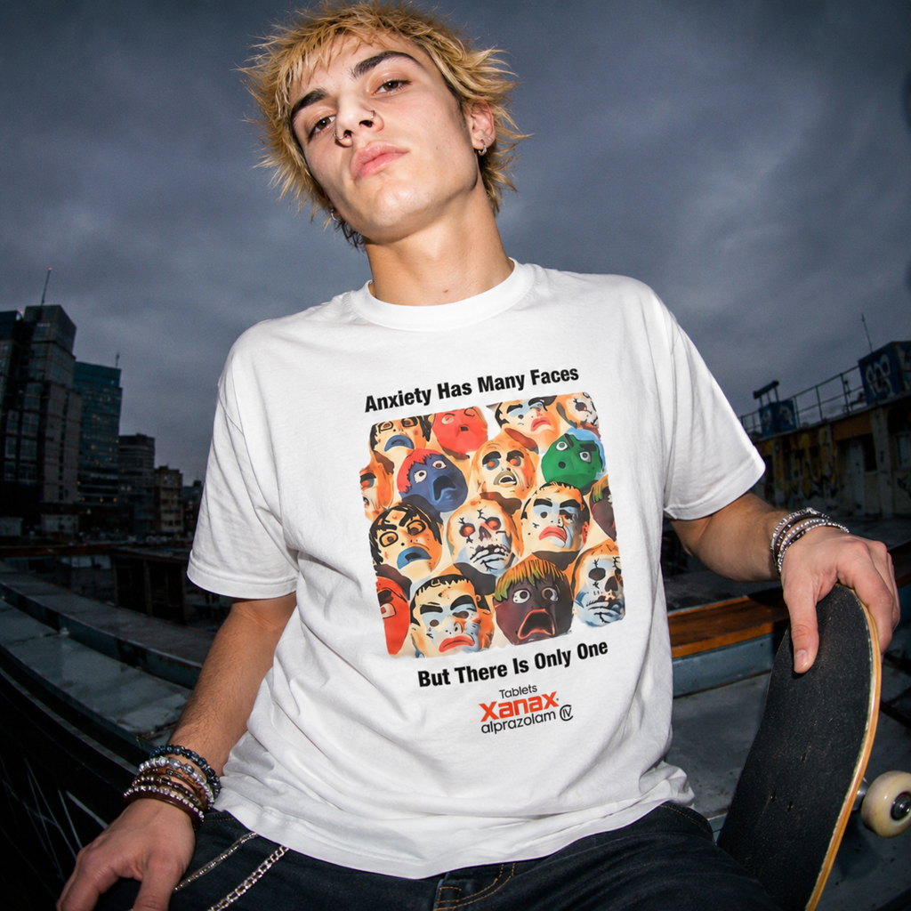 Vintage 1995 Xanax Alprazolam "Anxiety Has Many Faces" T-SHIRT RETRO